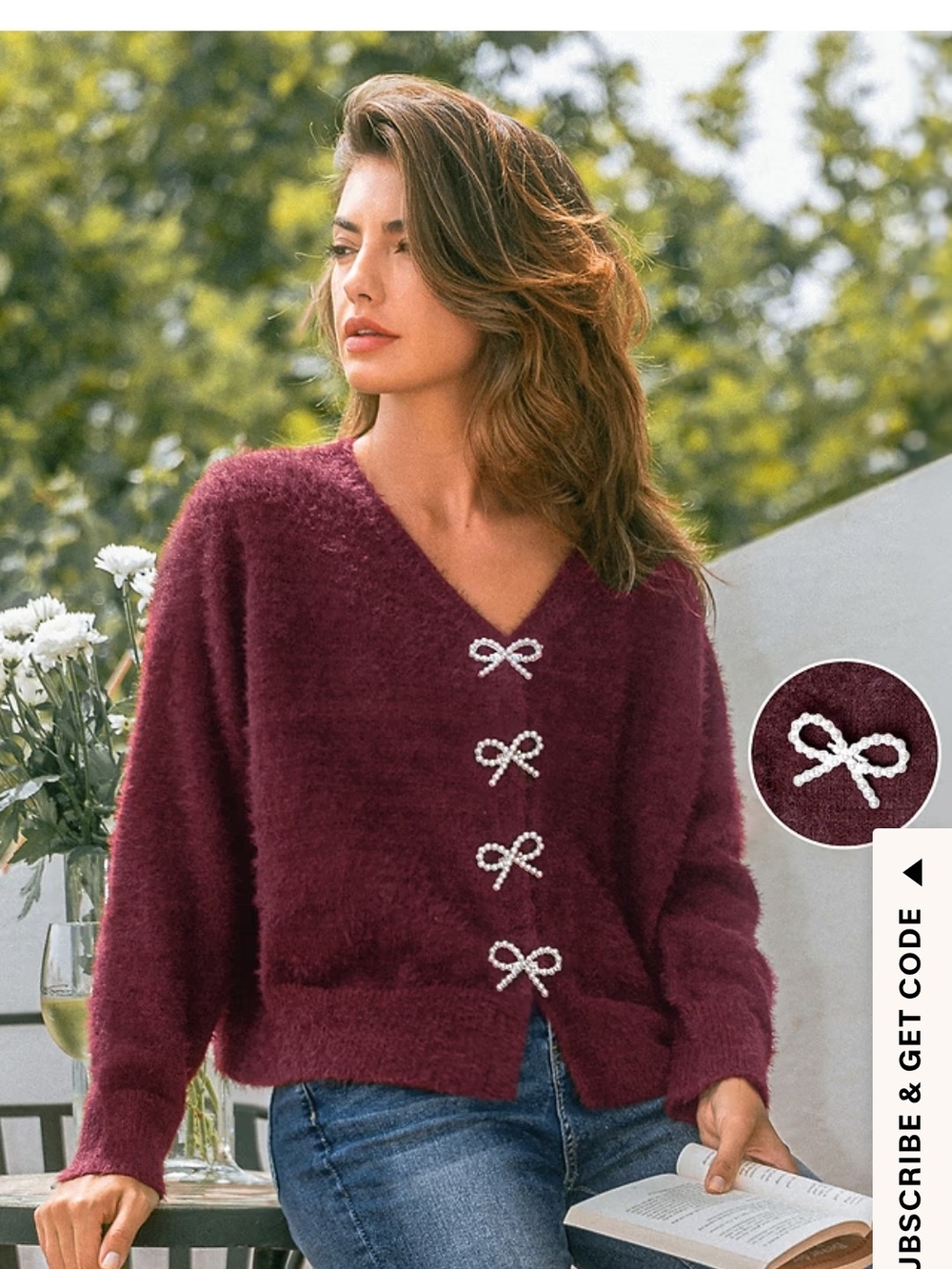 Cupshe Burgundy V-Neck Fuzzy Sweater with Bow Details, P2P 24"
